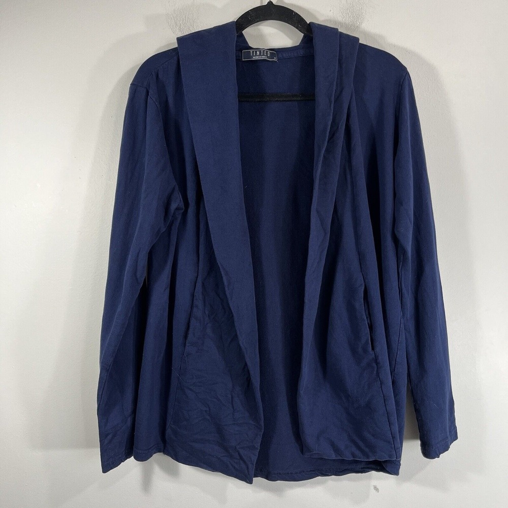 Tinted Navy Blue Hooded Open‎ Front Cardigan Pockets Women's Small